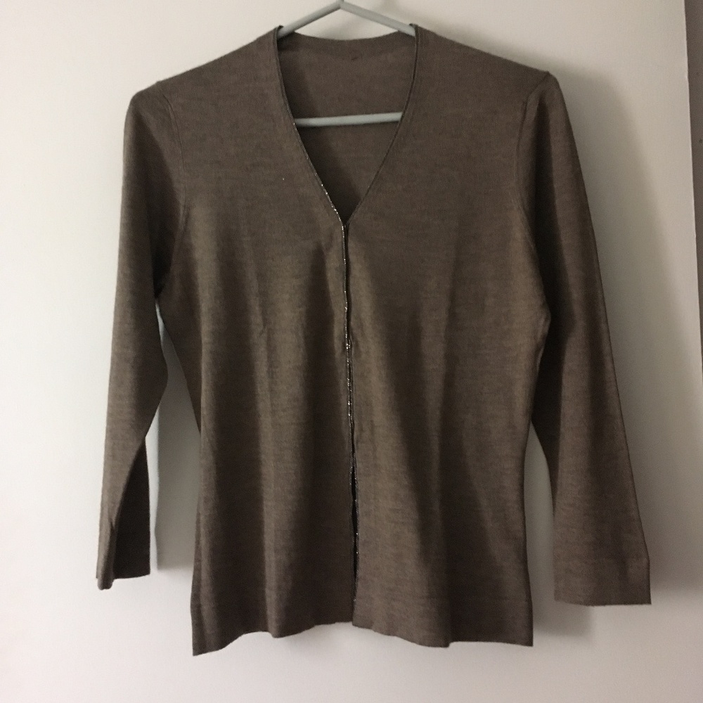 MARLOWE Heather Brown 70% Cashmere + Silk Monili Beaded V Neck Sweater M